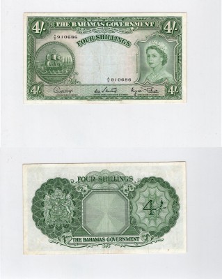 Bahamas, 4 Shillings, 1961, XF, p13c
serial numberı: A/5 910686, signs: George ...