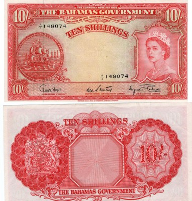 Bahamas, 10 Shillings, 1953, XF, p13a
serial number: A/3 148074, natural, Queen...