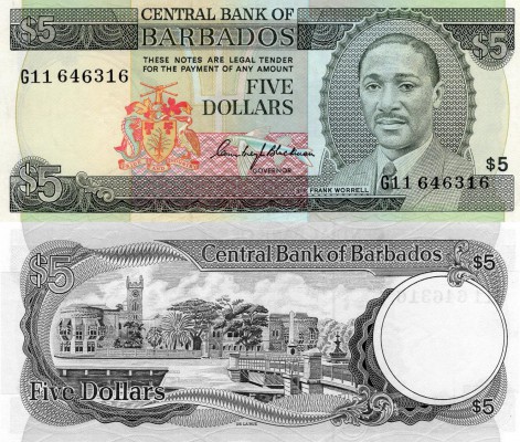 Barbados, 5 Dollars, 1975, UNC, p32
serial number: G11 646316, cricketer and Ja...