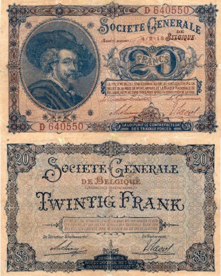 Belgium, 20 Francs, 1915, VF, p89
serial numberı: D 640550, Flemish painter Pet...