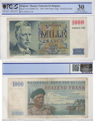 Belgium, 1000 Francs, 1950, VF, p131a
PCGS 30, serial number: 1020.H.130, King ...