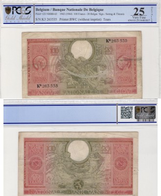 Belgium, 100 Francs, 1944, VF, p123
PCGS 25, serial number: K3 263535, Queen El...