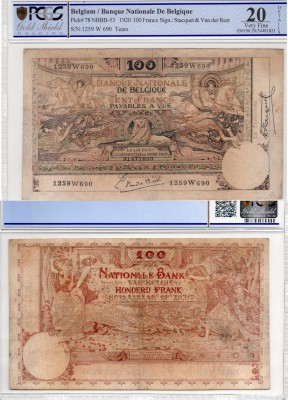 Belgium, 100 Francs, 1920, VF, p78
PCGS 20, serial number: 1259.W.690