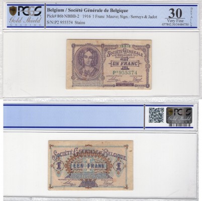 Belgium, 1 Franc, 1916, VF, p86b
PCGS 30, serial number: P2.955374, Queen Louis...