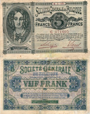 Belgium, 5 Francs, 1916, XF, p88
serial number: C 671605, Queen Louise Mare por...