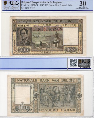 Belgium, 100 Francs, 1945, VF, p126
PCGS 30, serial number: 0489.K.997, King Le...
