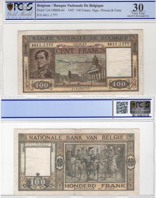 Belgium, 100 Francs, 1947, VF, p126
PCGS 30, serial number: 4611.J.777, King Le...