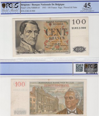 Belgium, 100 Francs, 1953, XF, p129a
PCGS 45, serial number: 2182.D.900, King L...