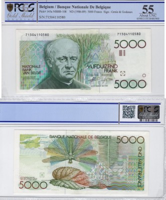 Belgium, 5.000 Francs, 1986-1989, AUNC, p145a
PCGS 55, serial number: 715041105...
