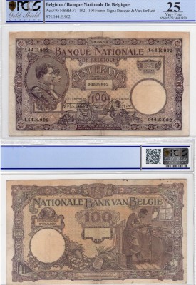 Belgium, 100 Francs, 1921, VF, p95
PCGS 25, serial number: 144.E.902, King Albe...