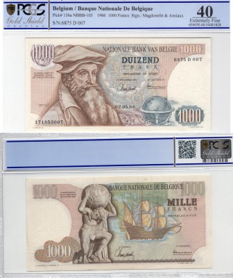 Belgium, 1000 Francs, 1966, XF, p136a
PCGS 40, serial number: 6875.D.007, Flemi...