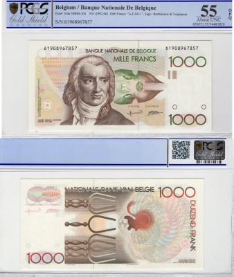 Belgium, 1000 Francs, 1992-1996, AUNC, p144a
PCGS 55, OPQ, serial number: 61908...