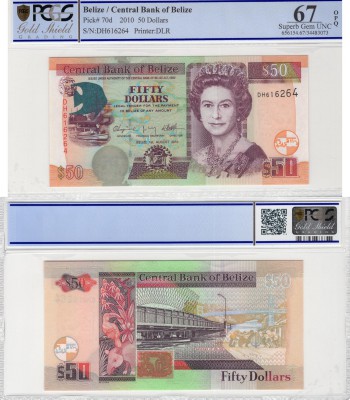 Belize, 50 Dollars, 2010, UNC, P70d 
PCGS 67, High Condition, Queen Elizabeth I...