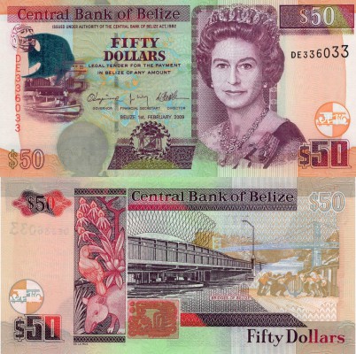 Belize, 50 Dollars, 2009, UNC, p70c
serial number: DE 336033, Queen Elizabeth I...