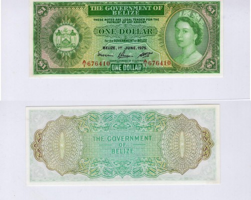 Belize, 1 Dollar, 1975, UNC, p33b
serial number: A/1 676410, Queen Elizabeth II...