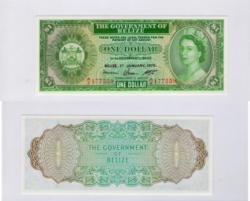 Belize, 1 Dollar, 1975, UNC, p33c
serial number: A/4 177559, Queen Elizabeth II...