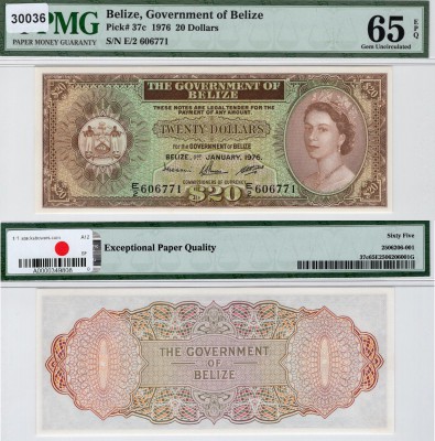 Belize, 20 Dollars, 1976, UNC, p37c, RARE
pmg 65, EPQ, serial number: E/2 60677...
