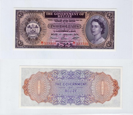 Belize, 2 Dollars, 1976, UNC, p34c
serial number:B/1 523316, Queen Elizabeth II...