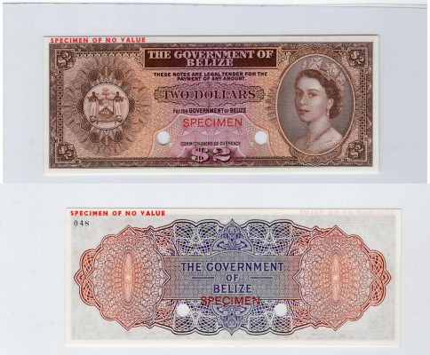 Belize, 2 Dollars, 1974, UNC, p34a, COLOR TRİAL SPECİMEN
no serial number, Quee...