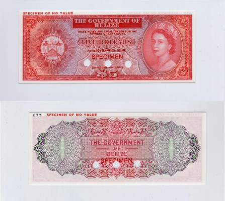 Belize, 5 Dollars, 1973, UNC, p34a, SPECİMEN
no serial number, Queen Elizabeth ...