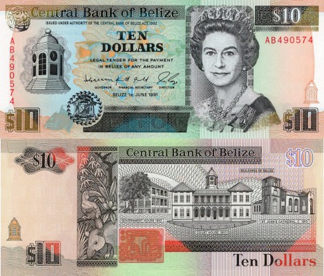 Belize, 10 Dollars, 1991, UNC, p54b
serial numbers: AB 490574, Queen Elizabeth ...