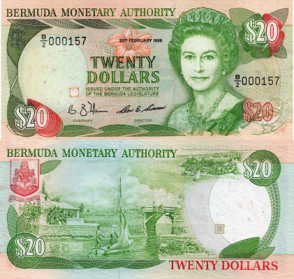 Bermuda, 20 Dollars, 1989, UNC, p37b
serial number: B/2 000157, Queen Elizabeth...