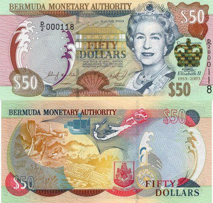 Bermuda, 50 Dollars, 2003, UNC, p56
serial number: D/2 000118, Queen Elizabeth ...