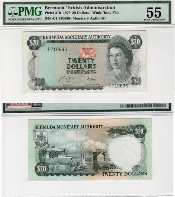 Bermuda, 20 Dollars, 1976, AUNC, p31b
PMG 55, serial number: A/1 710696, Queen ...