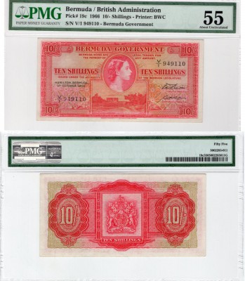 Bermuda, 10 Shillings, 1966, AUNC, p19c
PMG 55, serial number: V/1 949110, Quee...