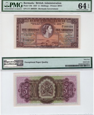Bermuda, 5 Shillings, 1957, UNC, p18b
PMG 64, EPQ, serial number: Z/1 309359, Q...