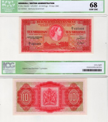 Bermuda, 10 Shillings, 10 Shillings, 1957, UNC, p19b
ICG 68, serial number: Q/1...