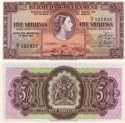 Bermuda, 5 Shillings, 1957, UNC, p18b
serial number: X/1 121816, Queen Elizabet...