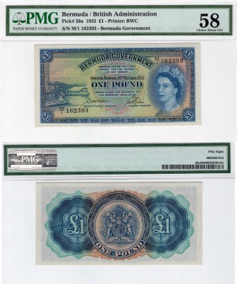 Bermuda, 1 Pound, 1952, AUNC, p20a
PMG 58, serial number: M/1 162393, Queen Eli...