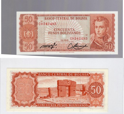 Bolivia, 50 Pesos Bolivianos, 1962, UNC, p162
serial number: C9 242485, Antonio...