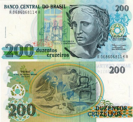 Brazil, 200 Cruzeiros, 1990, UNC, p229
serial number: A0686068111 4 R, signs:: ...
