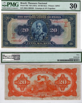 Brazil, 20 Mil Reis, 1931, VF, p48d
PCGS 30, serial number: 306A 009336, Brazil...