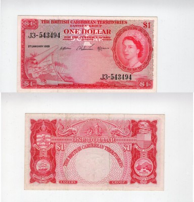 British Caribbean, 1 Dollar, 1959, AUNC, p7c
serial number: J3 543494, Queen El...