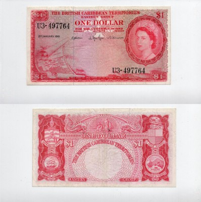 British Caribbean, 1 Dollar, 1961, VF, p7c
serial number: U3- 497764, Queen Eli...