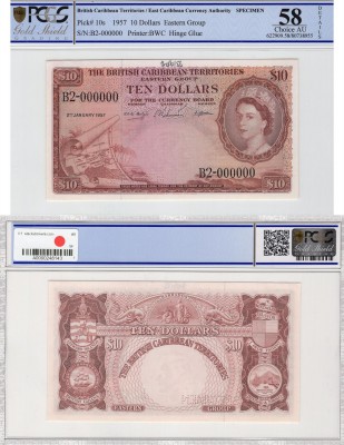 British Caribbean, 10 Dollars, 1957, AUNC, p10b, SPECİMEN
PCGS 58, serial numbe...