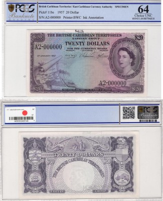 British Caribbean, 20 Dollars, 1957, UNC, p11b, SPECİMEN
PCGS 64, serial number...