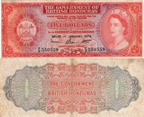 British Honduras, 5 Dollars, 1973, VF, p30c
serial number: F/2 550558, Queen El...