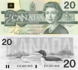 Canada, 20 Dollars, 1991, UNC, P58b
serial number: EVF 6841845, signs: Bonin and Thiessen, Queen Elizabeth II portrait