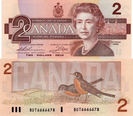 Canada, 2 Dollars, 1986, AUNC / UNC, p94b 
serial number: BUT 6666678, signs: T...