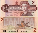 Canada, 2 Dollars, 1986, AUNC / UNC, p94b 
serial number: BUT 6666678, signs: Thiessen and Crow, Queen Elizabeth II portrait