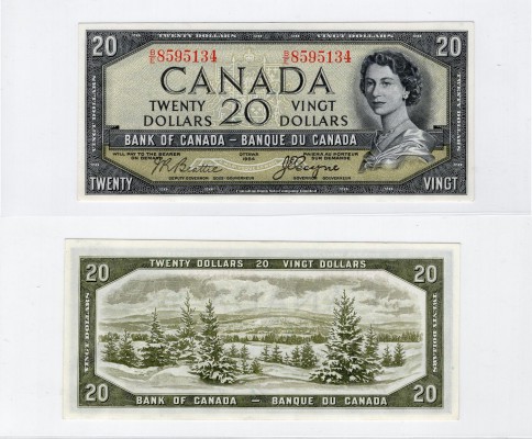 Canada, 20 Dollars, 1954, UNC, p33b, DEVİL'S FACE
serial number: B/E 8595134, s...