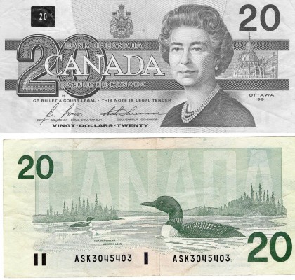 Canada, 20 Dollars, 1991, UNC, p97b
serial number: ASK 30454403, signs: Bonin- ...