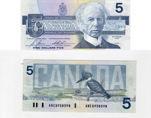 Canada, 5 Dollars, 1986, XF, p95c
BC: 56c-i, serial number: ANE 8958598, signs:...