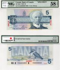 Canada, 5 Dollars, 1986, AUNC, BC: 56aS, SPECİMEN
PMG 58, EPQ, serial number: ENA 00000 0693, signs: Crow-Bouey, Canadian politician and journalist S...