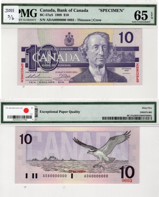 Canada, 10 Dollars, 1989, UNC, BC: 57aS, SPECİMEN
PMG 65, EPQ, serial number: A...