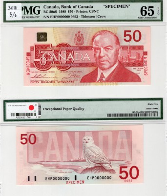 Canada, 50 Dollars, 1988, UNC, BC: 59aS, SPECİMEN
PMG 65, EPQ, serial number: E...